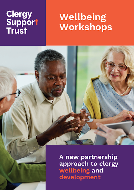 The front cover of our Wellbeing Workshops booklet. Text reads: A new partnership approach to clergy wellbeing and development.