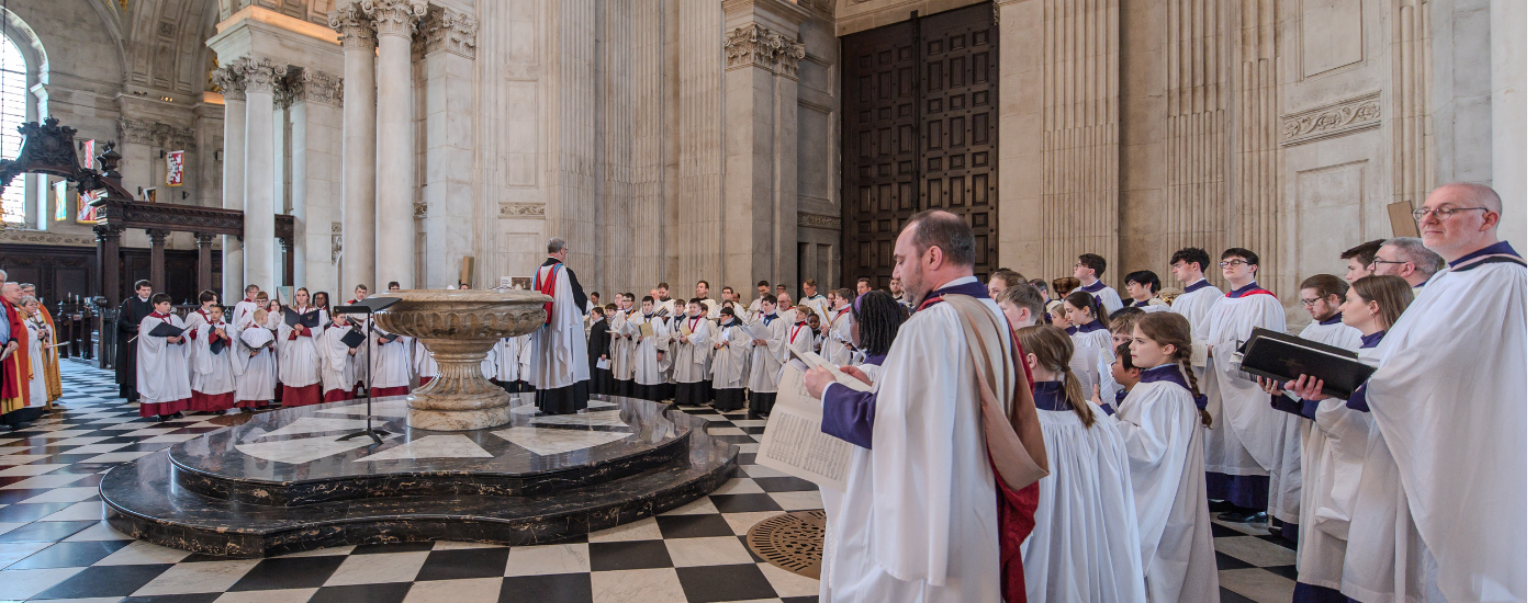 The combined choirs of Durham, Rochester and St Paul's Cathedral, singing at the West Door of the Cathedral.