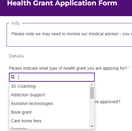 A screenshot of the Health Grant Application Form.