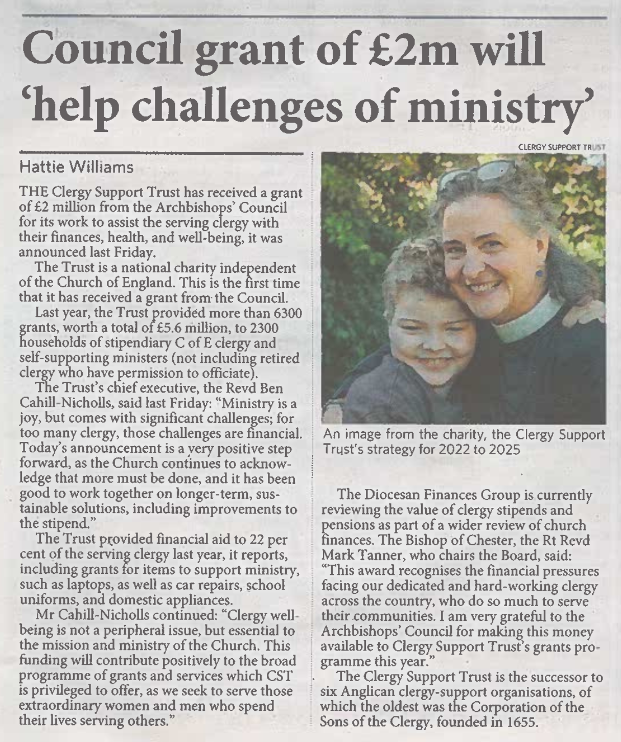 A screenshot of a news article. The headline reads: Council grant of £2 million will 'help challenges of ministry'.