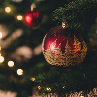 A red bauble, with gold trees painted onto it, hanging on a Christmas tree.